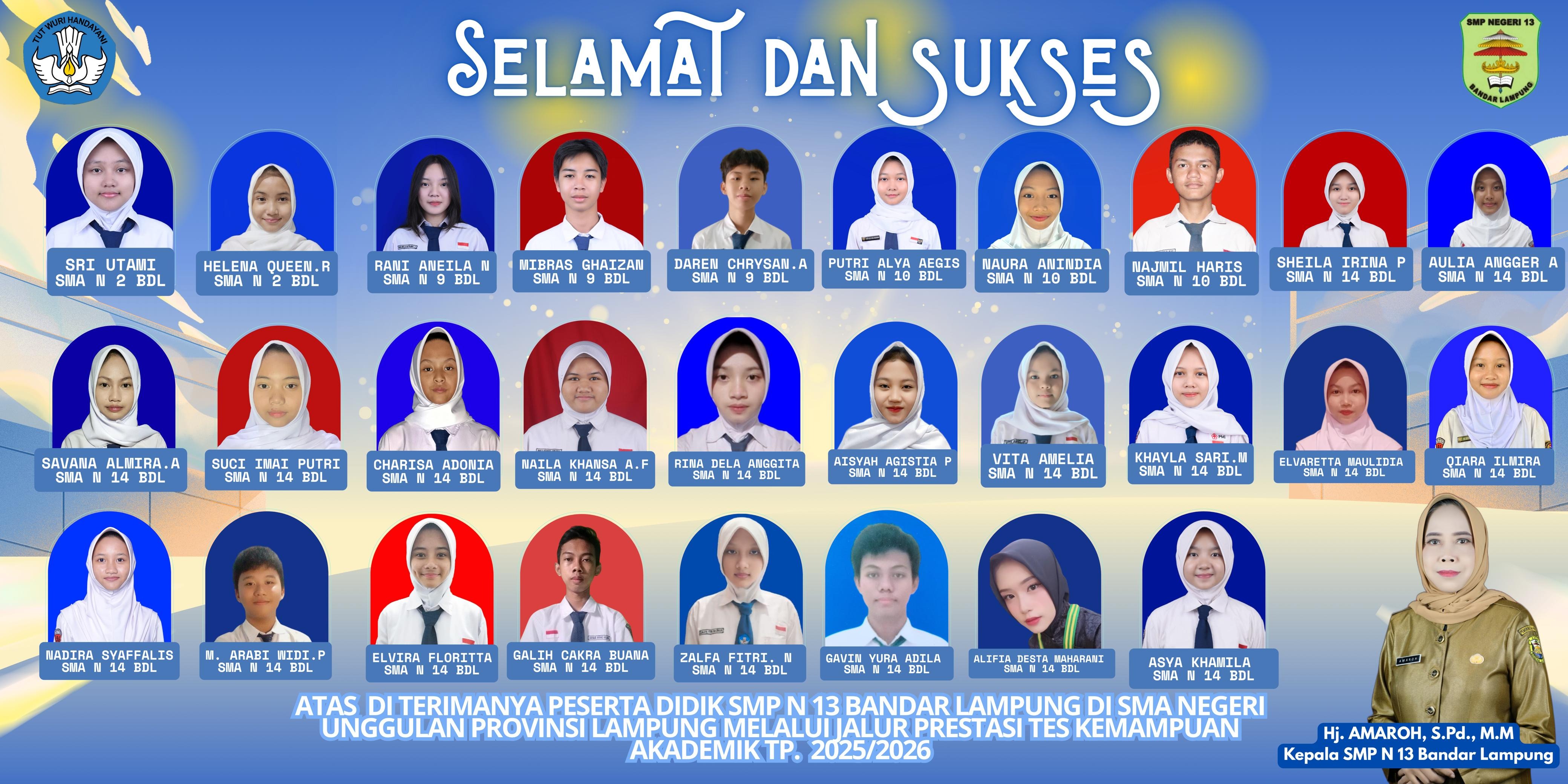 Siswa/i SMP Negeri 13 Bandar Lampung Lolos Seleksi SMA Unggulan Provinsi Lampung Tahun Ajaran 2025/2026